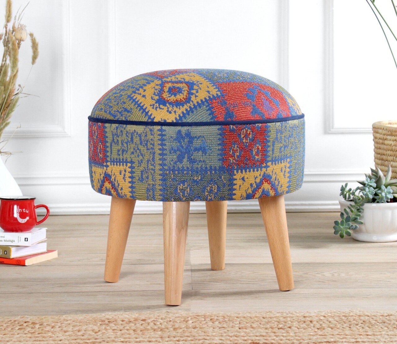Taburet, Atelier del Sofa, 209FLF1422, 50% bumbac, 50% in, Albastru - imagine 6